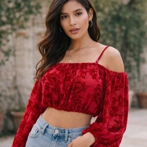 Forever 21 Red Velvet Burnout Paisley Off Shoulder Crop Peasant Top Coquette S
